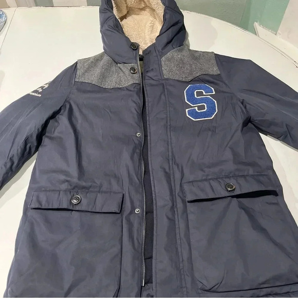 Zara coat boys 13/14 heavy weather parka peacoat blue varsity wool 164 cm lined - Picture 1 of 9